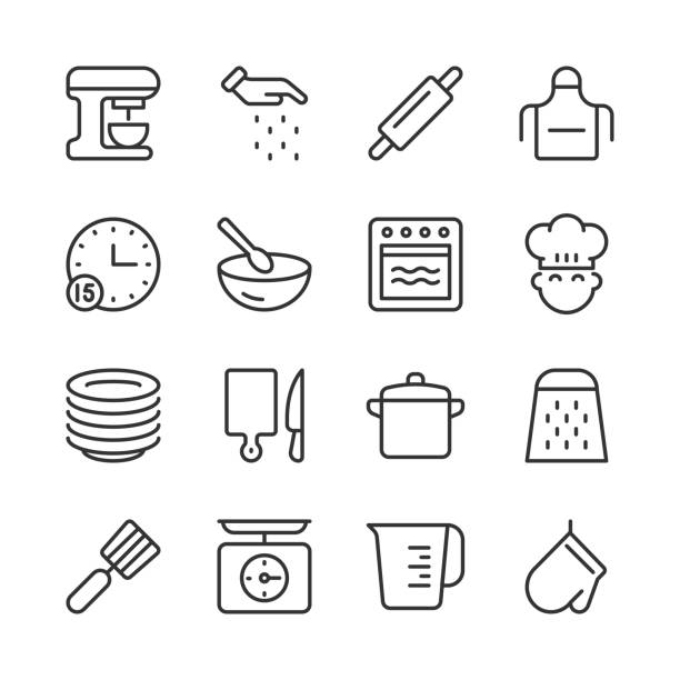 ilustraciones, imágenes clip art, dibujos animados e iconos de stock de iconos de utensilios de cocina y cocina 1 — serie monoline - hot dish