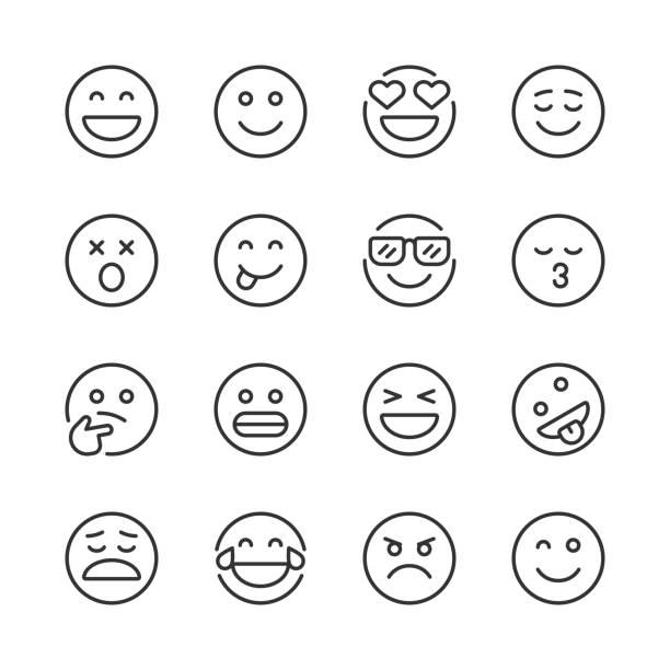 ilustraciones, imágenes clip art, dibujos animados e iconos de stock de iconos emoji — serie monoline - cara sonriente antropomórfica