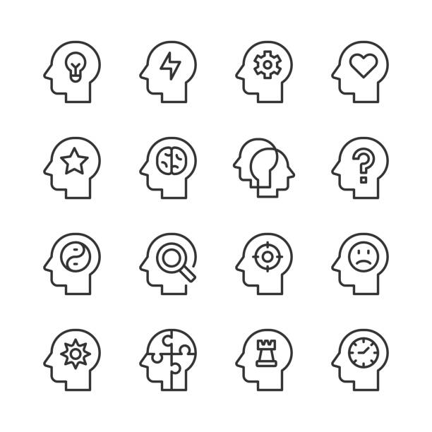 ilustraciones, imágenes clip art, dibujos animados e iconos de stock de thinking & mental state icons 1 — serie monoline - thinking