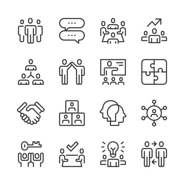 ilustrações, clipart, desenhos animados e ícones de ícones do trabalho em equipe — série monoline - team meeting brainstorming people