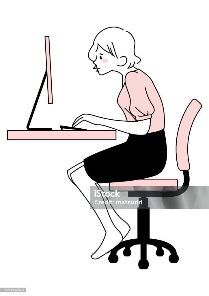 Front Lean On Computer A Woman Who Uses A Computer To Lean Forward With A Stoop Stock ...