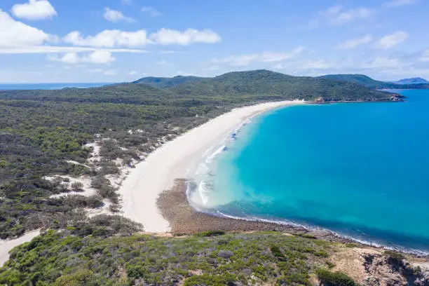 Aerial view of Long Beach on Queensland Great Keppell Island shows the amazing tropical beaches in the area.