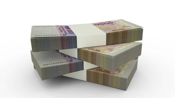 istock 3d rendering of Stack of West African CFA franc notes. Few bundles of West African CFA currency isolated on white background 1380958541