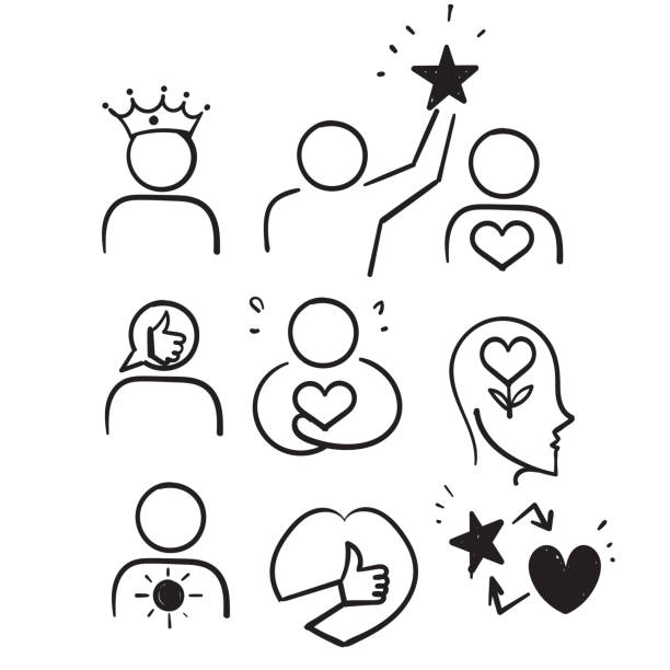 ilustrações de stock, clip art, desenhos animados e ícones de hand drawn doodle line icons related to self respect and love illustration vector - self love