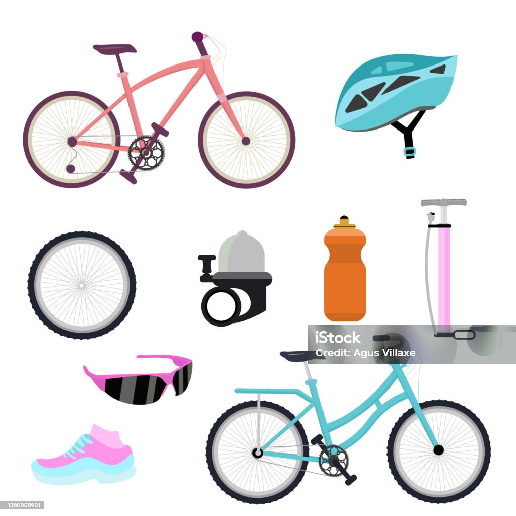 Fahrradzubehör Set Und Fahrrad Stock Vektor Art und mehr Bilder von Fahrrad  - Fahrrad, Radfahren, Accessoires - iStock