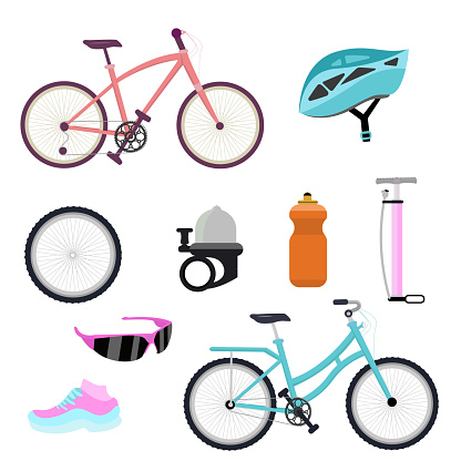 bicycle accessories set and bicycle flat design style illustration
