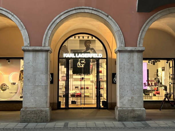 Karl Lagerfeld Store Munich Munich, Bavaria Germany - February 22, 2022: Karl Lagerfeld high end fashion store - shop front with logo in Munich Germany. karl lagerfeld stock pictures, royalty-free photos & images