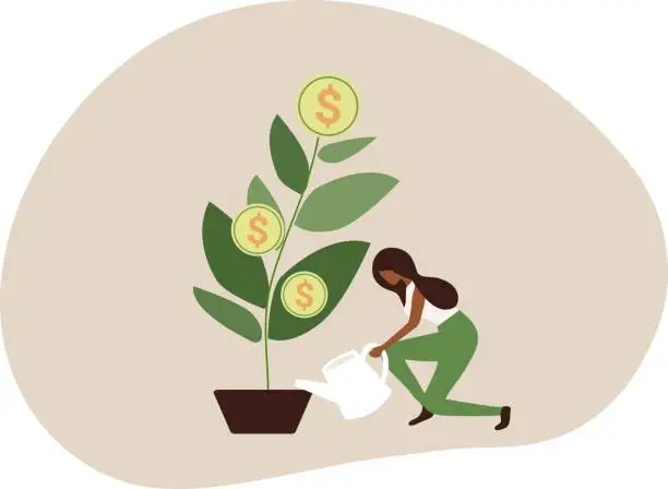 Vector illustration of Financial investment growth concept,  business woman watering money trees vector illustration.