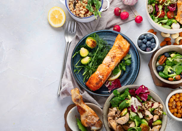 istock Healthy food assortment on light background. 1380969109