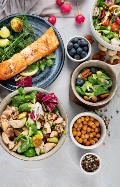 istock Healthy food assortment on light background. 1380969113