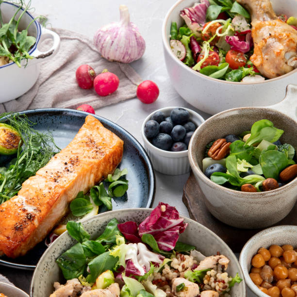 Healthy food assortment on light background.