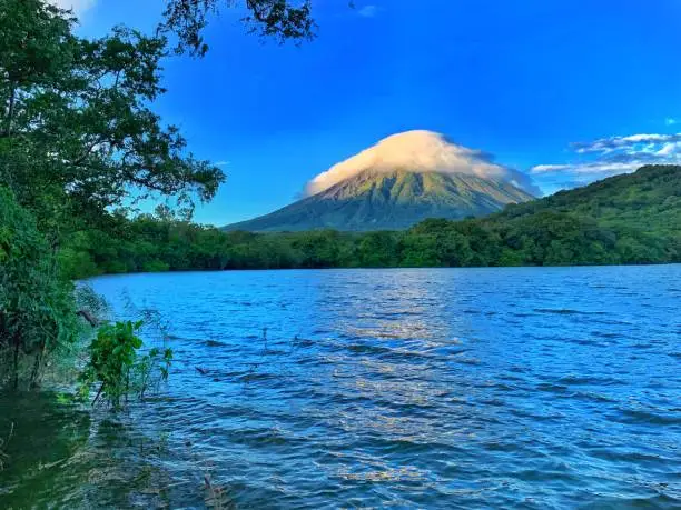 Panoramic view of Concepción volcano and Lake Cocibolca in Ometepe, Nicaragua