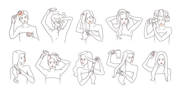 illustrations, cliparts, dessins animés et icônes de soins capillaires. fille de dessin animé se lavant les cheveux. procédures de routine de douche de beauté. femme peignant et faisant une coiffure. masques cosmétiques. femme utilisant un shampooing et un revitalisant. ensemble de soins capillaires vect - shower silhouette women people