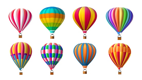 Realistic airship. Colorful hot air balloon with basket in flight. Striped dome. Sky transportation. Soaring aerostats. Aerial transport. Summer recreation journey. Vector isolated flying vehicles set