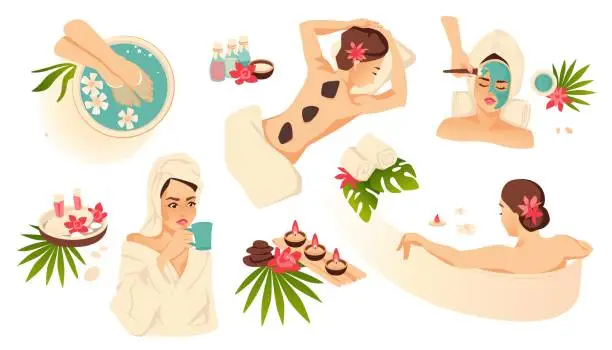 Vector illustration of Women in spa. Massage, wellness and treatment procedures. Female skin care and wellbeing. Face masks and relaxing aroma bathes. Tropical palm leaves and flowers. Vector cosmetology set