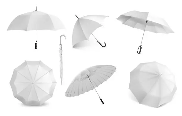 Vector illustration of Realistic white umbrella. Parasol mockup for branding. View from different angles on open and closed waterproof canopy. 3D folded tent with handle. Vector rain protection accessories set