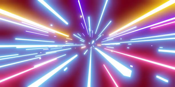 istock Path of multicolored laser light ZOOM Neon light on dark background 3d illustration 1380975927
