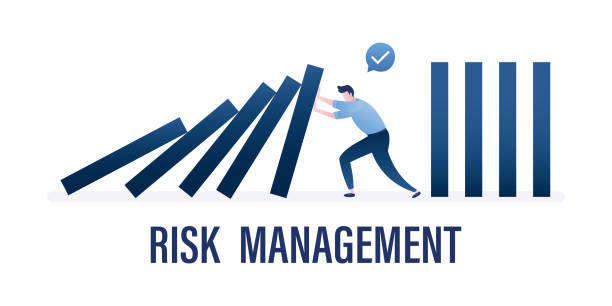 risikomanagement, horizontales geschäftsbanner. unternehmensschutz, krisenmanagement. geschäftsmann helfen und unterstützen unternehmen vermeidung dominoeffekt in der wirtschaftskrise. - risk management stock-grafiken, -clipart, -cartoons und -symbole