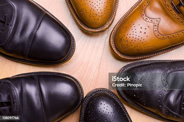 Business Meeting Six Shoes Together Stock Photo - Download Image Now - Brogue, Black Color, Variation