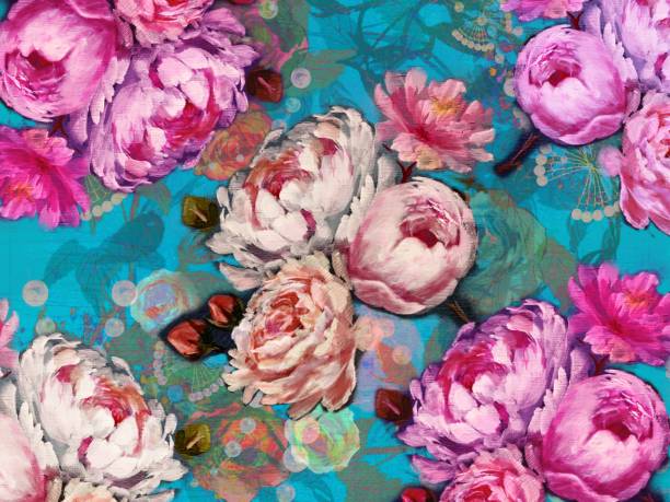 botanisches bouquet aus rosen, pfingstrosen und pfingstrosen mit perlmutttapetenillustration - mother of pearl stock-grafiken, -clipart, -cartoons und -symbole