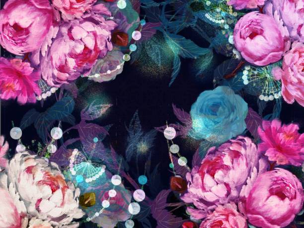 botanisches bouquet aus rosen, pfingstrosen und pfingstrosen mit perlmutttapetenillustration - mother of pearl stock-grafiken, -clipart, -cartoons und -symbole