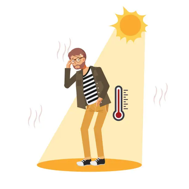 Vector illustration of heat stroke concept.Sunstroke and sunburn risk man under burning sun. High temperature ,Hot weather.Summer