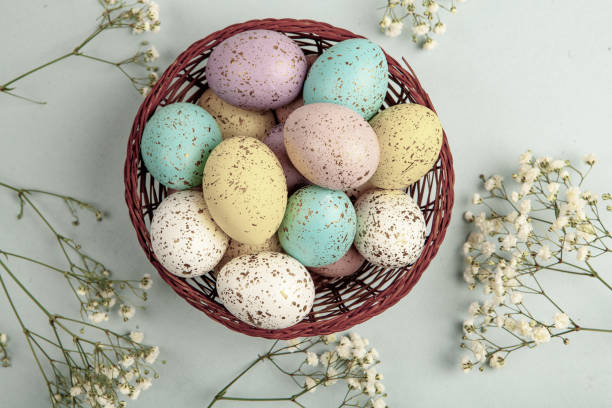 istock Hand painted pastel colored Easter eggs background. Happy Easter greeting card or invitation. 1380981269