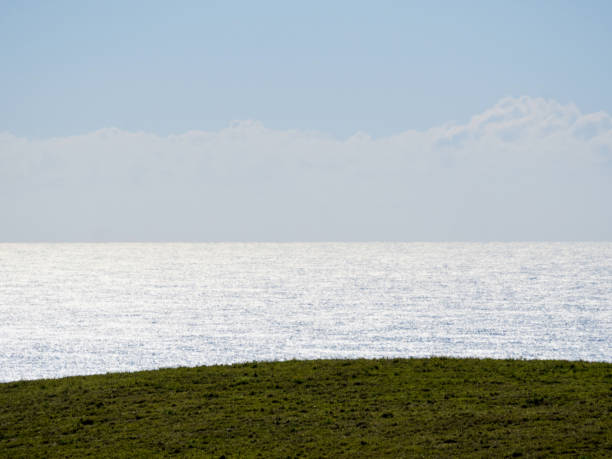 Horizontal landscape photo of the Pacific Ocean shining silver blue under a pale blue cloudy Winter sky with a green grassy hill in the foreground. Byron Bay hinterland, north coast, NSW.