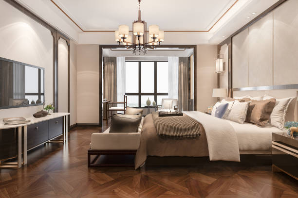 istock 3d rendering beautiful comtemporary luxury bedroom suite in hotel with tv 1380984541