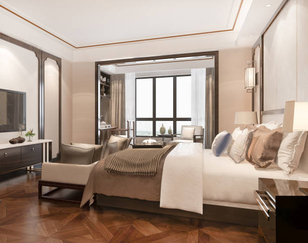 istock 3d rendering beautiful comtemporary luxury bedroom suite in hotel with tv 1380984548
