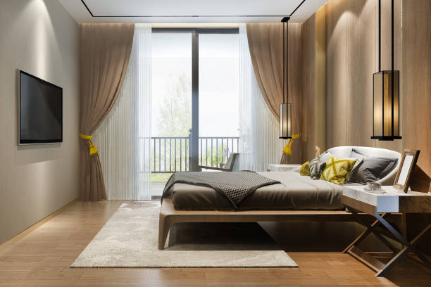 3d rendering beautiful comtemporary luxury bedroom suite in hotel with tv stock photo