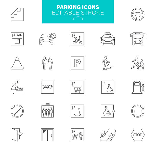 주차 아이콘 편집 가능한 스트로크.  주차장, 주차장, 주차 미터, 티켓 등의 아이콘이 포함되어 있습니다. - parking sign letter p sign symbol stock illustrations