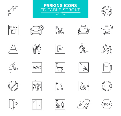 Parking Icon Set. Editable stroke.