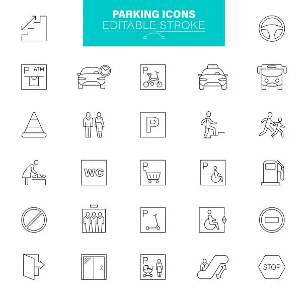 Vector illustration of Parking Icons Editable Stroke.  Contains such icons as Parking Lot, Car, Parking Meter, Ticket