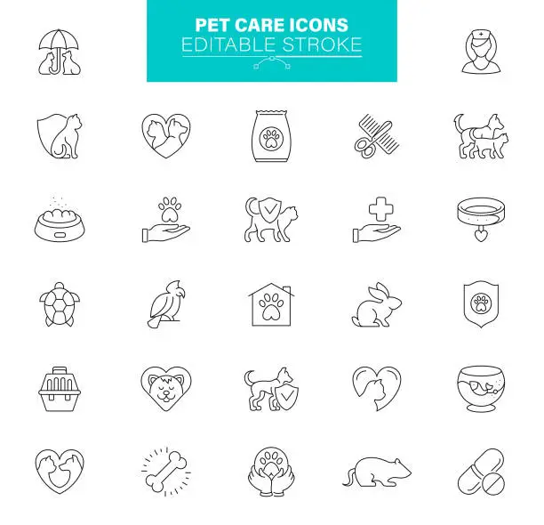 Vector illustration of Pet Care Icons Editable Stroke. Set contains icons as Dog, Cat, Doctor, Veterinarian, Grooming, Pet Food