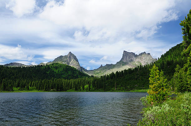 lago di montagna nel parco nazionale ergaki, russia - schreckhorn uncultivated tree summer foto e immagini stock