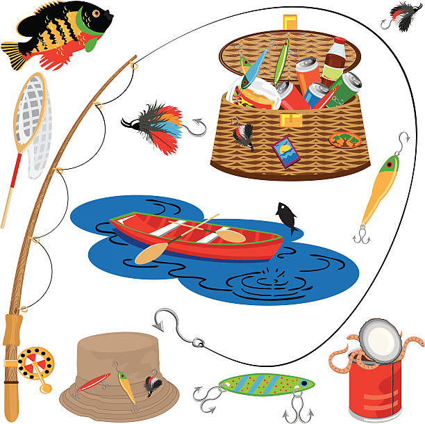 Fishing Icons and Elements Cute selection of fishing images with tackle basket full of lures, drinks and lunch. fishing bait illustrations stock illustrations