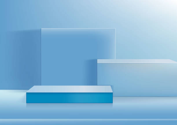 illustrazioni stock, clip art, cartoni animati e icone di tendenza di visualizza il podio del prodotto azzurro e bianco del podio. sfondo astratto 3d soft blue rendering con scena quadrata verticale e holizontal. fase per prodotto - holizontal