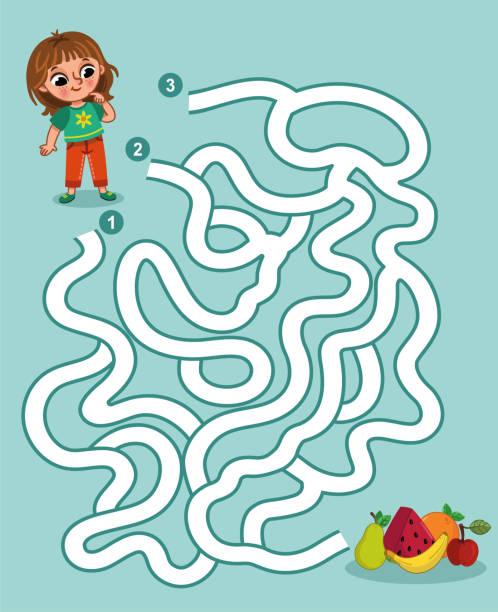 Maze Game Help the little girl to reach delicious fruits. Maze game vector illustration for children. maze stock illustrations