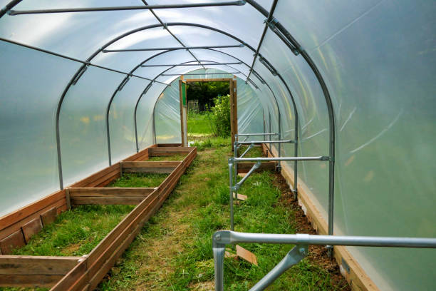 polytunnel under construction - construction frame plastic agriculture greenhouse imagens e fotografias de stock