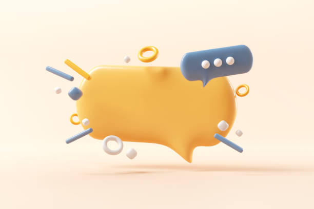 Yellow bubble talk or comment sign symbol on pastel background. Social media messages concept. stock photo