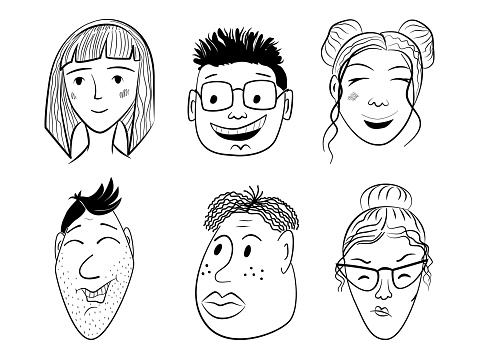 Doodle comic people faces vector set. Hand-drawn heads of women and men in lines.