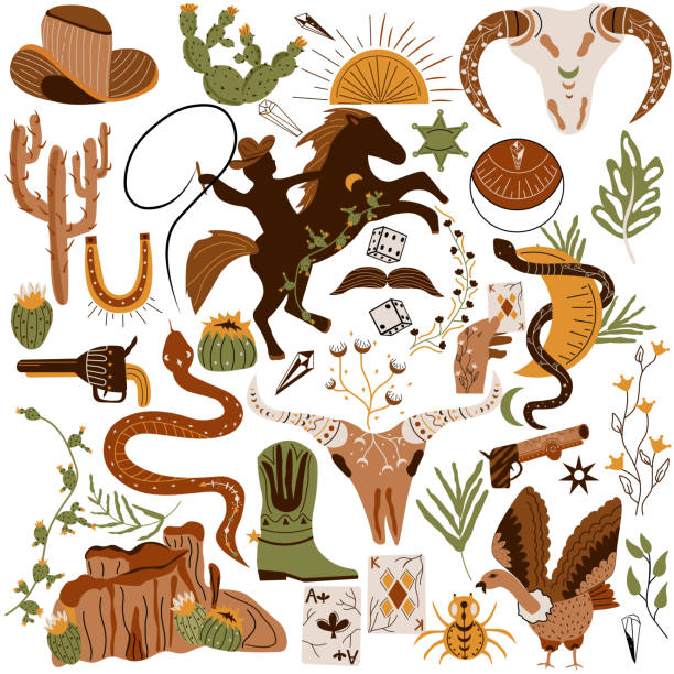 ilustraciones, imágenes clip art, dibujos animados e iconos de stock de salvaje oeste, colección de vaqueros. caballo salvaje, cactus, calavera, serpiente, buitre, bota de vaquero, carta, dados, desierto, estrella del sheriff. viejo oeste. ilustración vectorial. - western usa