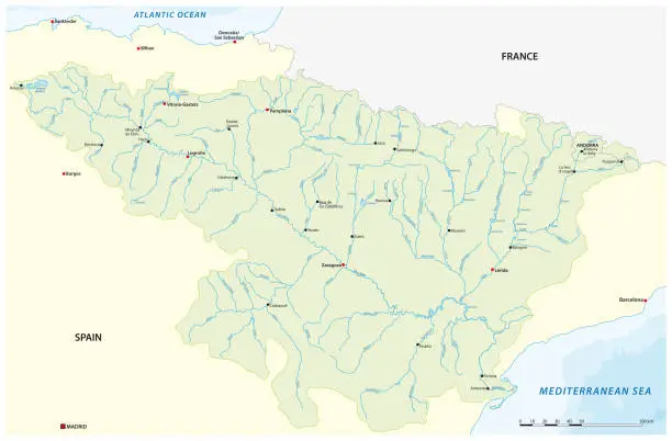 Vector illustration of Vector map of Ebro river basin, Spain