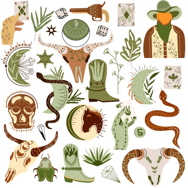 ilustrações de stock, clip art, desenhos animados e ícones de wild west collection. skull, sheriff, buffalo skull, cactus, snake, card, cowboy boot, gun, moon, sun. further old west. vector illustration. - cowboy desire west poster