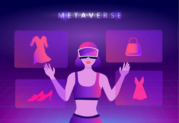 istock Metaverse Virtual Reality shopping. woman wearing VR goggle having 3d experience in shopping in the metaverse vector illustration 1381080543