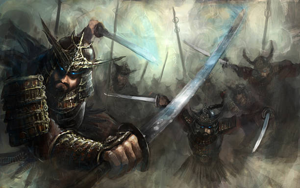 A samurai sword fighter in combat vector art illustration