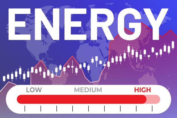 istock Sector Energy price on stock market graph on blue finance background with line, chart, candlestick, world map, indicator. Uptrend 1381101508