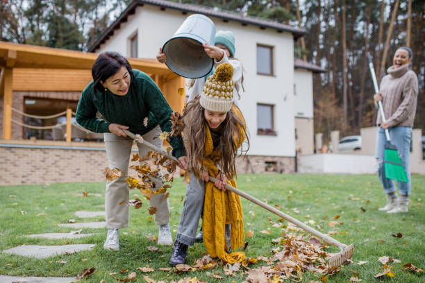 des petites filles heureuses avec grand-mère ramassant des feuilles et les mettant dans un seau dans le jardin en automne - râteau photos et images de collection