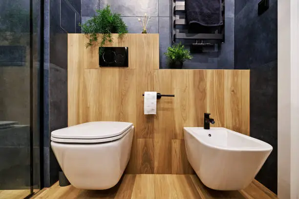 Modern, dark luxury bathroom with indigo and wood like tiles. Wall mounted toilet bowl and bidet.
Canon R5.